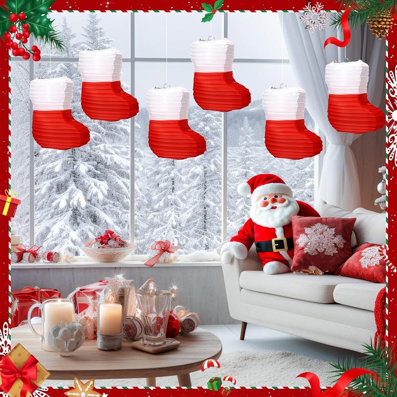 Christmas Stocking Hanging - 1 Stück Weihnachts-Papierlaternen, Weihnachtsstrumpf-Papierlaternen, Rot-Weiße Weihnachtsstrumpf-Laternen,