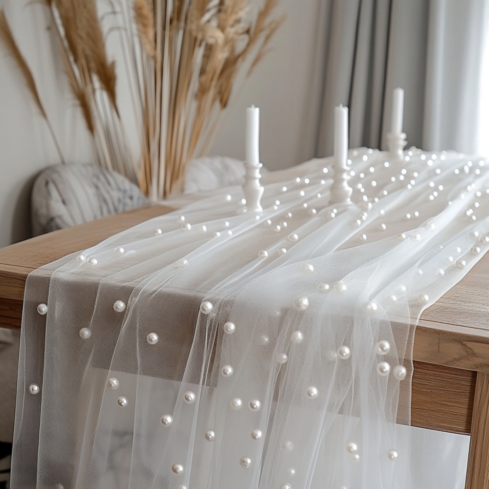 Christmas Table Runner - Perlen-Chiffon-Tischläufer 80x300cm, halbtransparente Gaze-Tischdecke für Hochzeit,